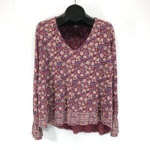 Lucky Brand Border Print Top Women's XL V-Neck Cotton Blend Floral Bohemian